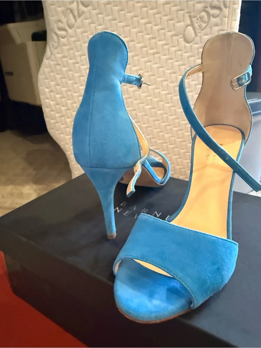 Barneys New York Bright Blue Suede Open-Toe Ankle Strap Heels